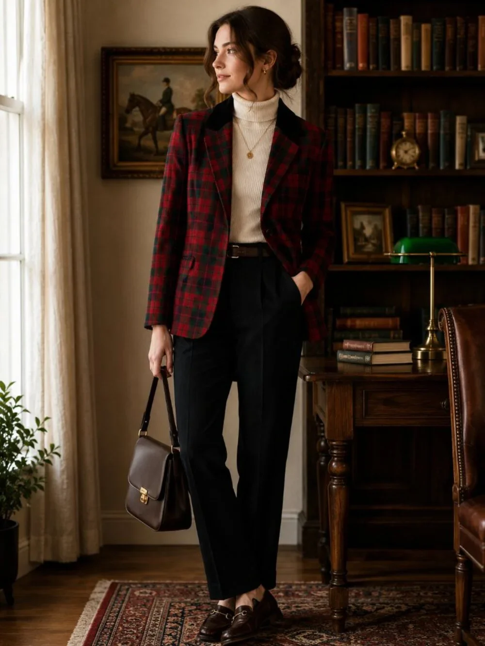 Vintage Sag Harbor Petite Red Green Plaid Velvet Collar Blazer Jacket 6 - Picture 1 of 7